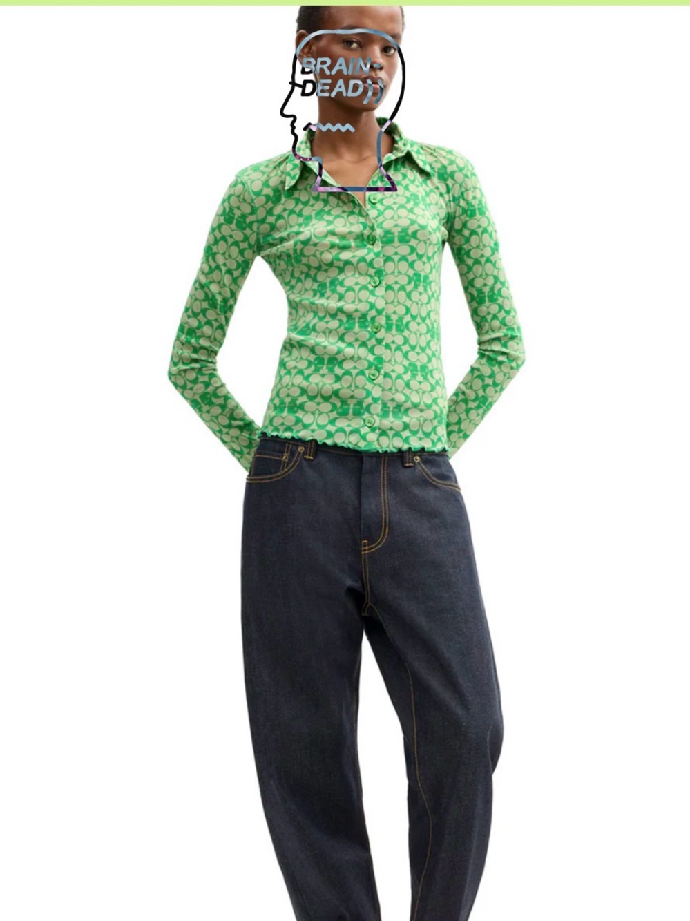 NEW BRAIN DEAD X COACH PRINTED MESH BUTTON UP SHIRT - DARK GREEN